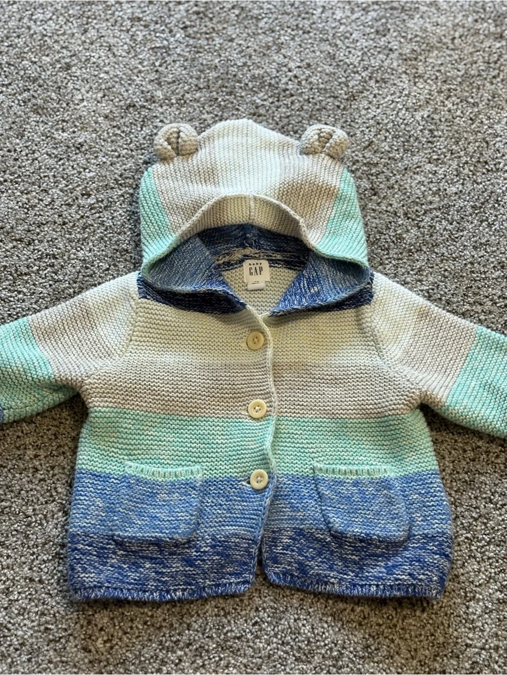 GAP 100% Cotton Striped Hooded Knit Cardigan - Blue, Mint & Cream
